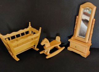 Vintage Miniature Wooden Dolls House Furniture Baby Cot Rocking Horse,  Mirror