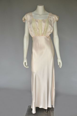Vtg Vintage 1930s Pale Pink Satin & Lace Bias Cut Long Nightgown Open Back M