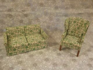 Wooden Dollhouse Miniature Padded Sofa & High Back Chair 1:12 - Pre - Owned