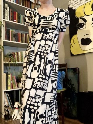 Vtg Retro Mod Maxi Gown 60s Op Art Abstract Black White Print Formal Party Boho