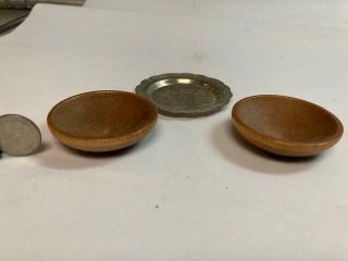 Vintage Doll House Miniatures Hand Crafted Wooden Serving Bowls & Metal Tray