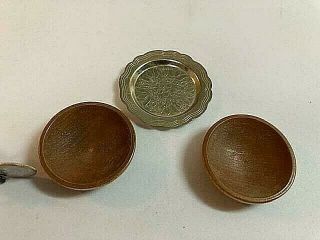 Vintage Doll House Miniatures Hand Crafted Wooden Serving Bowls & Metal Tray 2