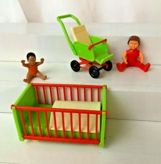 Vintage Bruder Germany Plastic Miniature Dollhouse Nursery Furniture W Baby 4