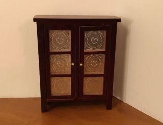 Dollhouse Furniture Wooden Pie Safe W/ Punched Tin Panels,  Doors Open,  5” Tall