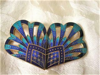 Antique Art Nouveau Brass Enamel Peacock Tail 2 Piece Clasp Buckle