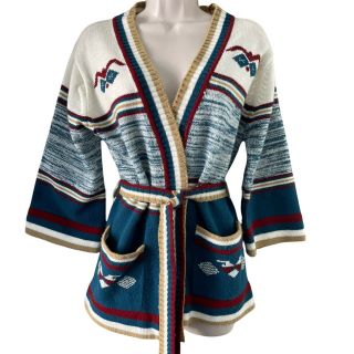 Vtg 70s Boho Cardigan Kimono Sweater Sz M Belt Open Front,  Pockets,  Bell Sleeves