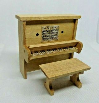 1:24 Scale Vintage Dollhouse Miniature Solid Wood Upright Piano With Bench Seat