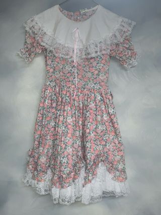 Vintage Lid’l Dolly’s Girls Pink & White Full Ruffles Dress Usa Sz 14 Floral