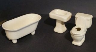 Dollhouse Miniatures Vintage Porcelain Bathroom Set Toilet Sink Bathtub
