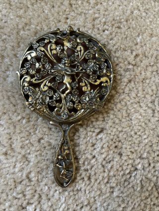 Vintage Antique Miniature Cherub Hand Held Metal Mirror Cupid