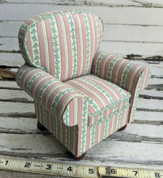 Vintage Upholstered Miniature Doll Chair Barbie Size Green Pink Stripes
