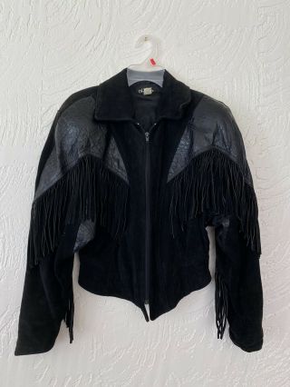Vintage Outerwear By Phoenix Black Leather And Suede Fringed Jacket