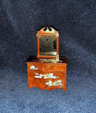 Vintage Renwal Dollhouse Stenciled Hand Painted Dresser W Mirror Opening Drawer