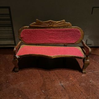 Vintage Doll House Wood Wooden Furniture Couch Sofa Red Velvet Seats