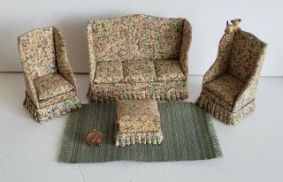 Dollhouse Miniatures Artisan Country High Back Sofa,  Chairs,  Ottoman,  Rug Set