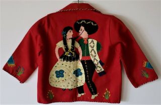 Childs Vintage Mexican Embroidered Appliquéd Red Wool Jacket Coat 1950 Souvenir