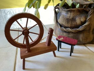 Dolls House Vintage Wooden Spinning Wheel And Stool