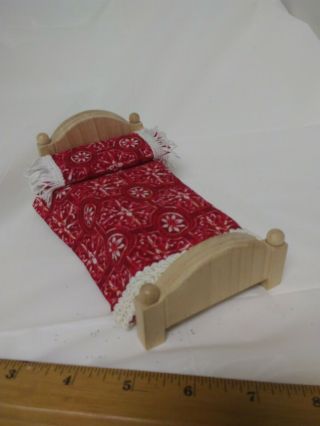 Dollhouse Miniature Wood Bed With Red Blanket & Pillow