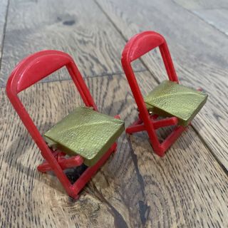 Vintage Pair Renwal Dollhouse Furniture Red & Gold Plastic No 109 Folding Chairs