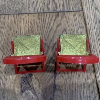 Vintage Pair Renwal Dollhouse Furniture Red & Gold Plastic No 109 Folding Chairs 3