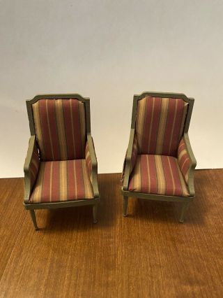 Two Vintage Upholstered Dollhouse Furniture High - Back Chair Wooden