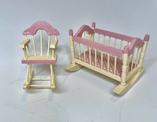 Dollhouse Miniature 1:12 Scale Wooden Crib And Rocking Chair Vintage