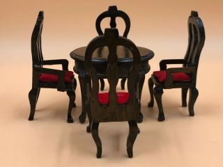 1/12 Dolls House Dark Wood Dining Table & 4 Chairs With Red Seat Pads.