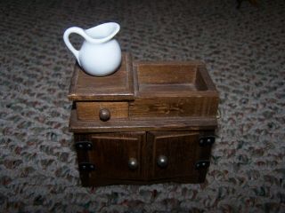 Vintage Dollhouse Miniature Wood Dry Sink Cabinet W/ Pitcher