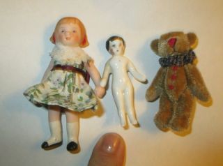 2 Miniature Dolls 1 Porcelain 1 Ceramic ` 1 Miniature Teddy Bear