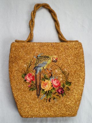 Vintage Gold Beaded Evening Purse Bag Silk Petit Point Tapestry Flowers & Parrot