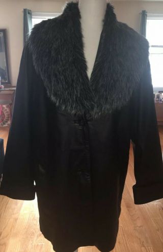 Terry Lewis Classic Luxuries Black Leather Coat Faux Fur Removable Collar Large