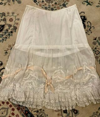 Vintage Petticoat Large Size,  Fine Cotton Trimmed W Embroidery,  Lace & Ribbon