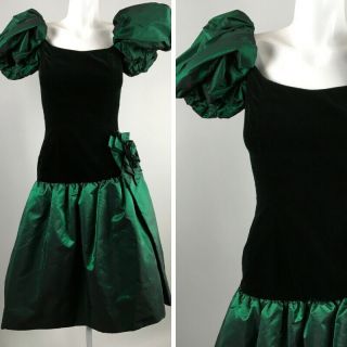 Vtg 80s Victor Costa Green Velvet Puffy Sleeve Floral Bow Front Prom Dress Sz 4