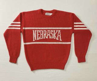 Vintage 80s University Of Nebraska Wool Blend Red Knit Sweater Size Medium
