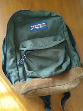 Vintage Jansport Made In Usa Backpack Dark Green With Suede Bottom