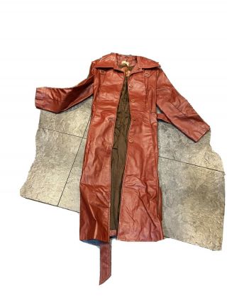 Vintage Burgundy Full Length Belted Leather Coat/trench 7/8 Argentina Vg Fs