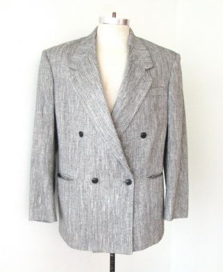 Vgc Vtg 80s Wave Gray Tweedy Linen Rayon Double Breasted Blazer Jacket 40