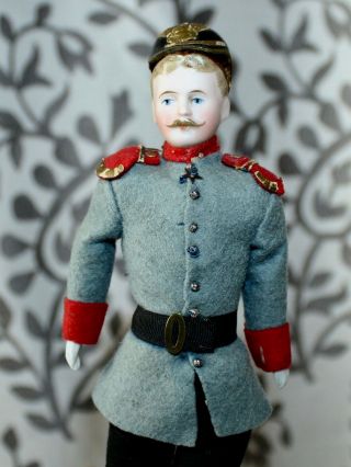 Antique Bisque German Dollhouse Doll Prussian Soldier Costume