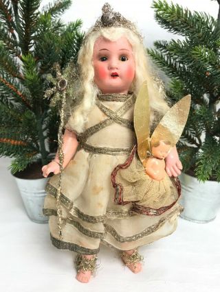 Two Antique Vintage Christmas Tree Fairy Angel Doll Decorations