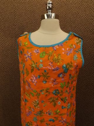 Nos Vtg 1950s Orange Teal Floral Pinafore Dress Sz M 14/16 Summer Cotton Linen