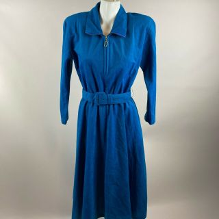 Vtg 70s California Girl Blue Belted Long Sleeve 1/4 Zip Dress Faux Suede M/l