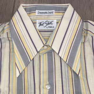 Vtg 60s 70s Shirt Disco Striped Midcentury Big Collar Pablo Nos Medium Mens 15