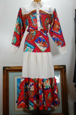 Vintage Western Diamond L Rodeo Cowboy Indian Fringe Tiered Cotton Dress Usa L