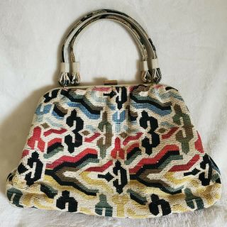 Vintage 1950s Tapestry Needlepoint Tote Purse Doctor Carpet Bag Vtg Embroidered