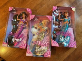 Set Of 3 Jewel Hair Mermaid Barbie,  Midge,  &teresa Dolls,  1995 Mattel,  All Nrfb