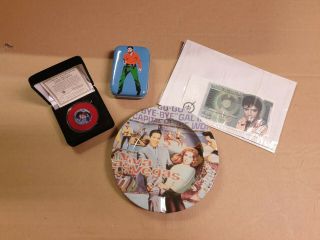 Group Of Elvis Collectables - Warhol Tin,  State Quarter Coin,  Ashtray,  Bank Note