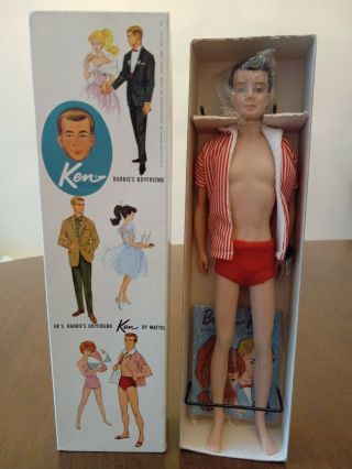 1961 Vintage Mattel Barbie Flocked Hair Ken Doll With Attached Wrist Tag Mib