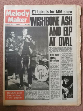 Melody Maker Newspaper September 23rd 1972 Roxy Music Cover