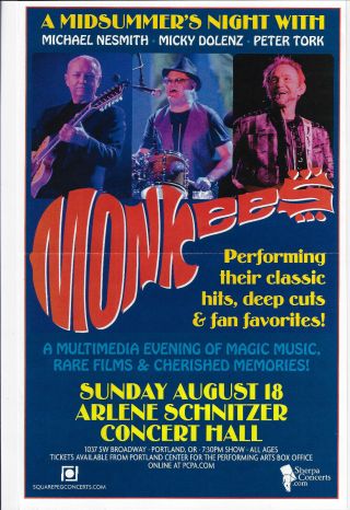 The Monkees : Concert Poster / Portland Arlene Schnitzer Hall : August 18,  2013