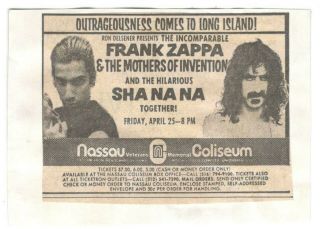 Frank Zappa & Sha Na Na In Concert Vtg 1975 Newspaper Ad Nassau Coliseum Ny Mx15